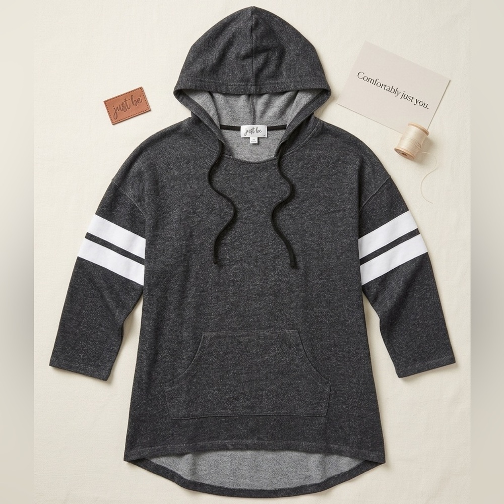 JUST BE Womens Charcoal Heather Grey Hooded Pullover White Varsity Stripes Small